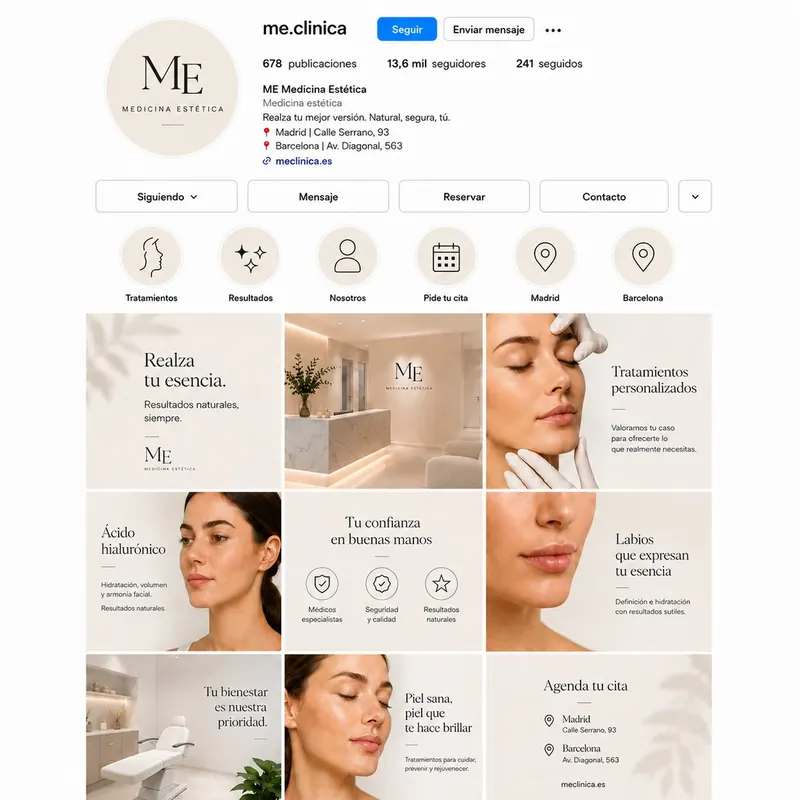 Ejemplo de contenido: perfil de Instagram de una clínica de medicina estética